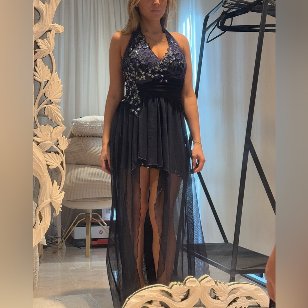 Nurielle Navy High-Low Dress with Swarovski Crystals